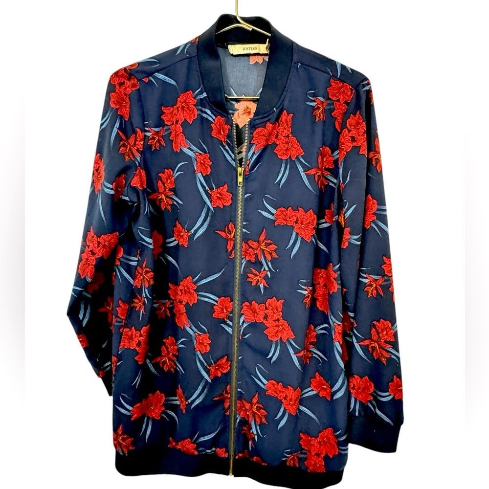 Just Fab Blue & Red Floral Zip Up Lightweight Bomber Jacket Women’s Oversized S